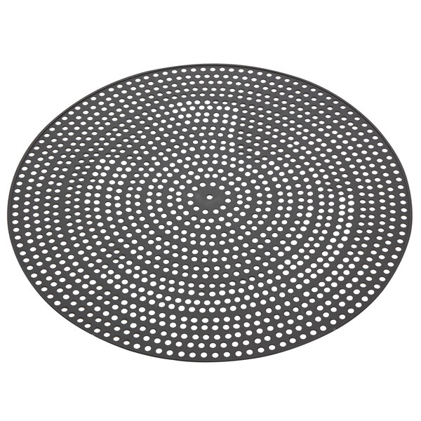 An American Metalcraft hard coat anodized aluminum pizza disk with perforations.