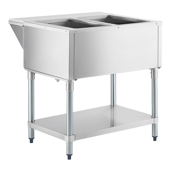 A stainless steel two-pan open well natural gas steam table with an undershelf.