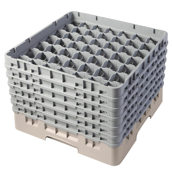 A beige plastic Cambro glass rack with 49 compartments and 6 extenders.