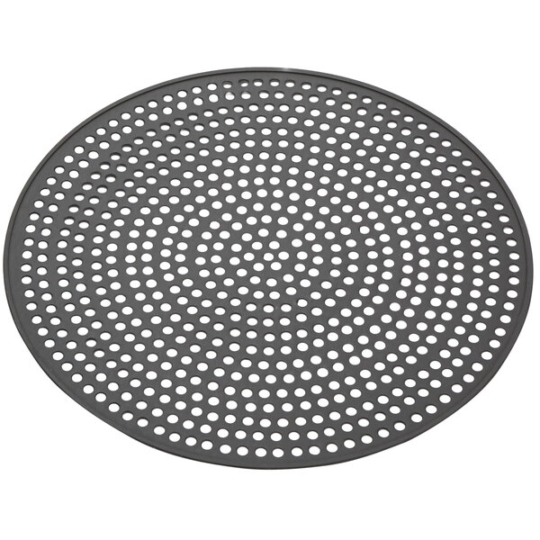 An American Metalcraft hard coat anodized aluminum round pizza disk with holes.