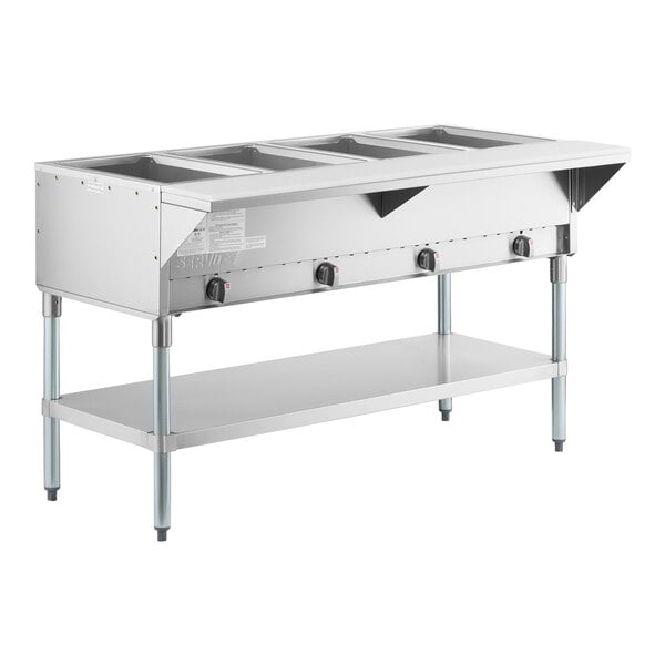 A four-pan open well natural gas steam table with an undershelf.