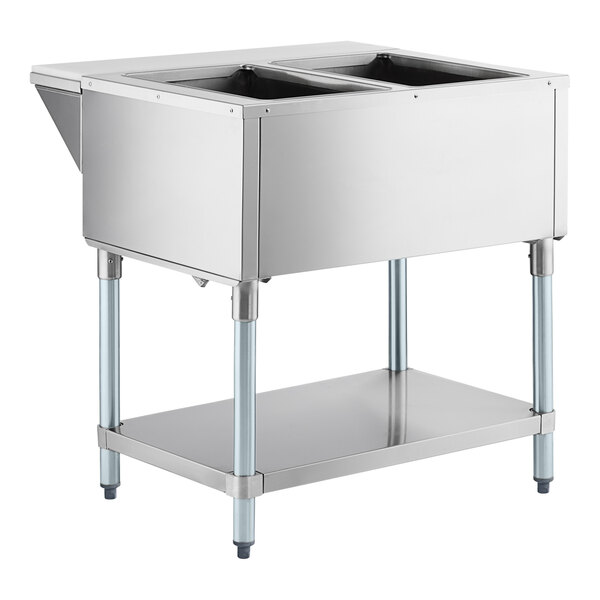 A stainless steel ServIt liquid propane steam table with an undershelf and two open wells.