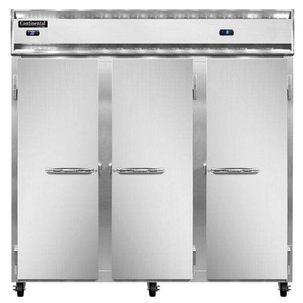 A Continental Refrigerator with three stainless steel doors.