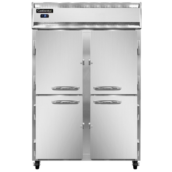 A white Continental Refrigerator reach-in freezer with four half doors and silver handles.