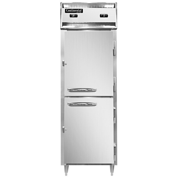 A white Continental Refrigerator with two silver half doors.