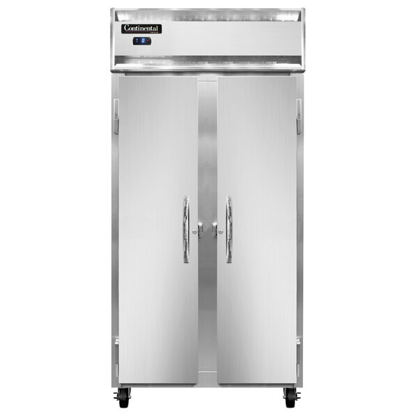 A white stainless steel Continental Refrigerator double door with a black border.