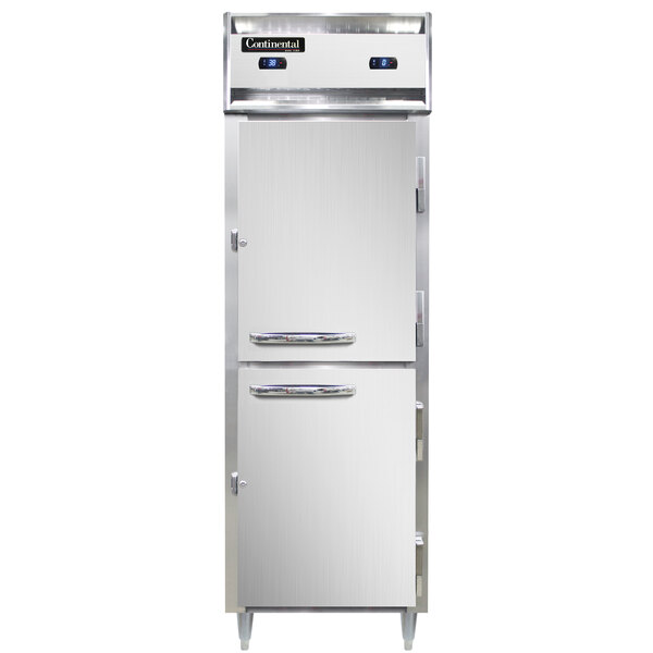 A white Continental Refrigerator with two half doors, each with a silver handle.