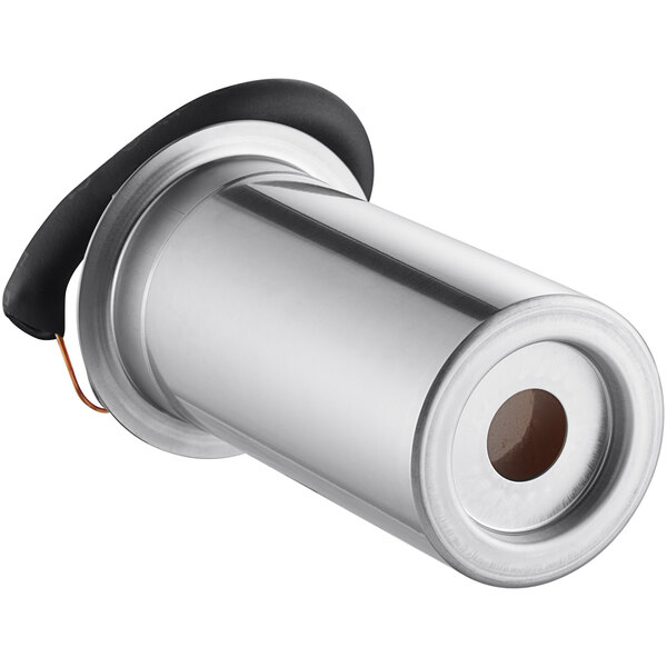 A stainless steel cylinder with a black handle.