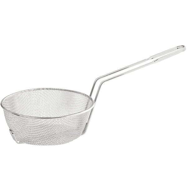 A Choice nickel-plated mesh culinary basket with a handle.
