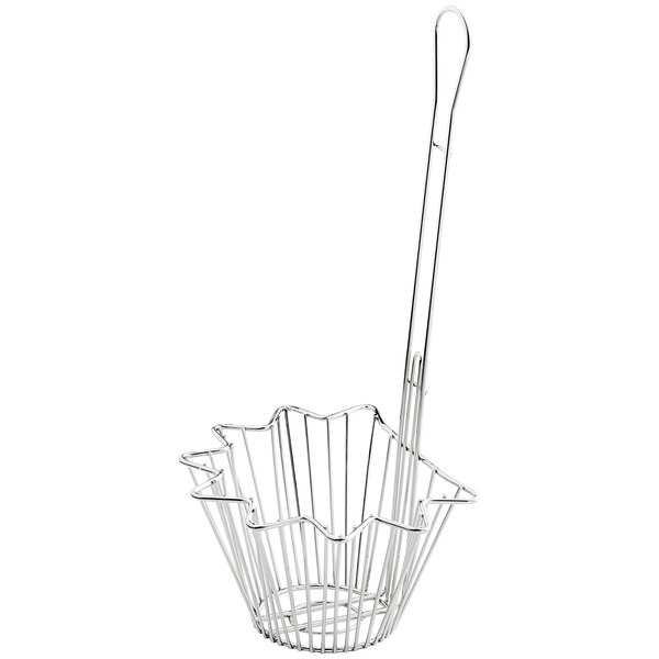 A nickel-plated stainless steel wire basket with a long handle.