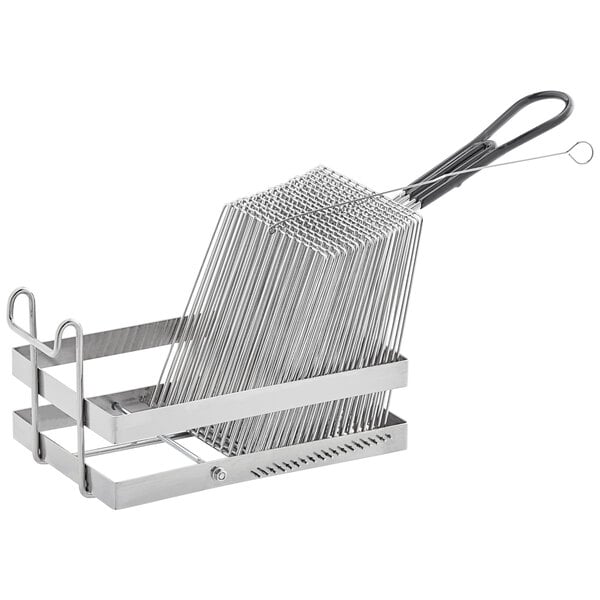 A nickel-plated steel tostada fry basket with 18 slots on a metal rack.