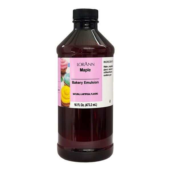 A close up of a 16 fl. oz. bottle of LorAnn Maple Bakery Emulsion with a label.