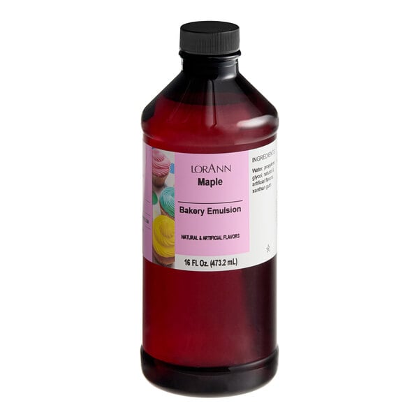 A close-up of a LorAnn Oils Maple Bakery Emulsion bottle with a label.