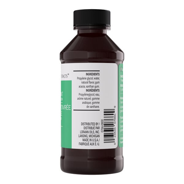 A brown plastic bottle of LorAnn Oils 4 fl. oz. All-Natural Peppermint Bakery Emulsion with a black cap and ingredient label.