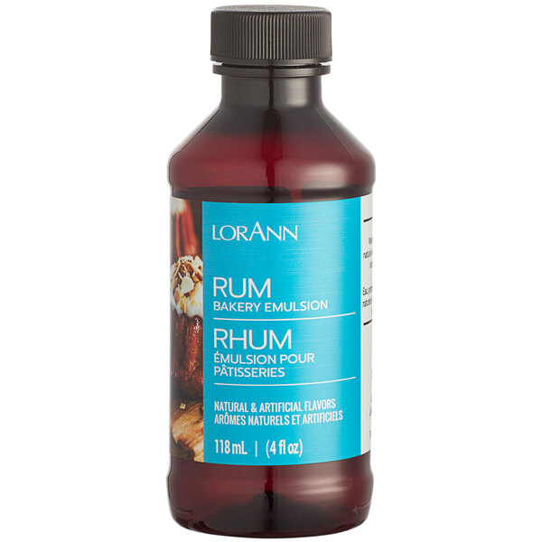 A close up of a 4 fl. oz. bottle of LorAnn Oils Rum Bakery Emulsion with a blue label.