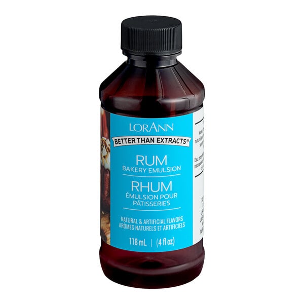 A 4 fl. oz. bottle of LorAnn Oils Rum Bakery Emulsion.