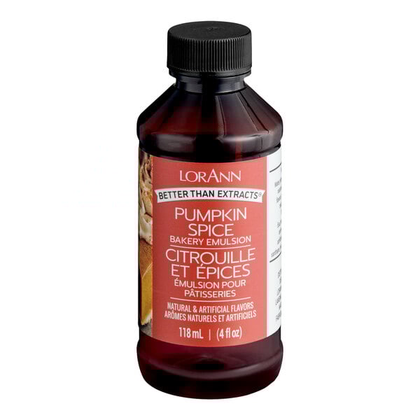 A 4 fl. oz. bottle of LorAnn Oils Pumpkin Spice Bakery Emulsion.