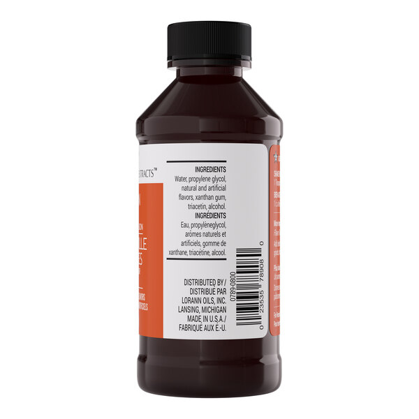 A brown plastic bottle with a black cap containing LorAnn Oils 4 fl. oz. Pumpkin Spice Bakery Emulsion.