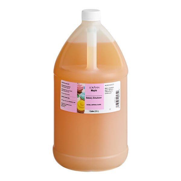 A plastic jug of LorAnn Oils Maple Bakery Emulsion with a white lid.