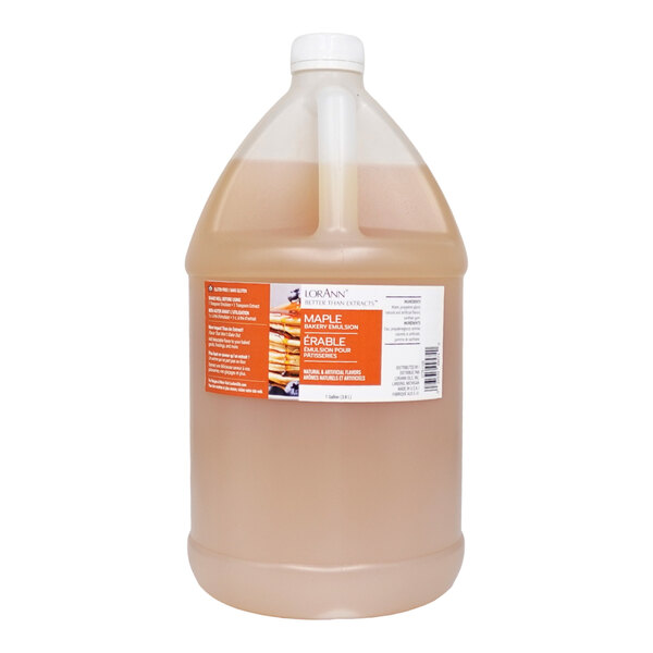 A 1-gallon container of LorAnn Oils Maple Bakery Emulsion.