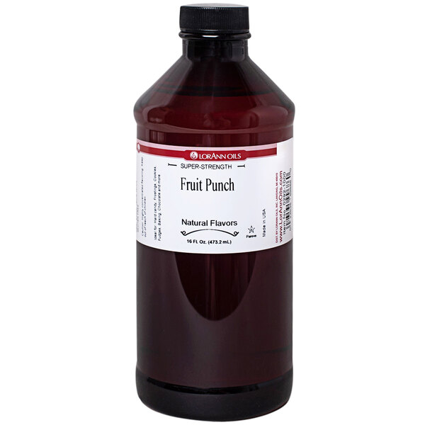 A bottle of LorAnn Oils All-Natural Fruit Punch Super Strength Flavor on a counter.