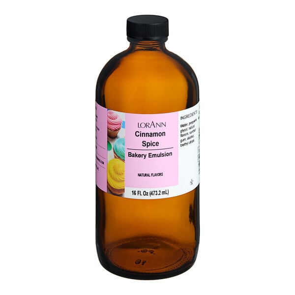 A 16 fl. oz. amber bottle of LorAnn Oils Cinnamon Spice Bakery Emulsion.
