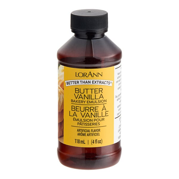 A close up of a bottle of LorAnn Oils Butter Vanilla Bakery Emulsion.