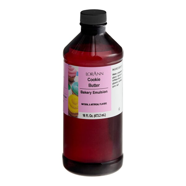 A bottle of LorAnn Oils Cookie Butter Bakery Emulsion, a brown liquid, with a white cap.
