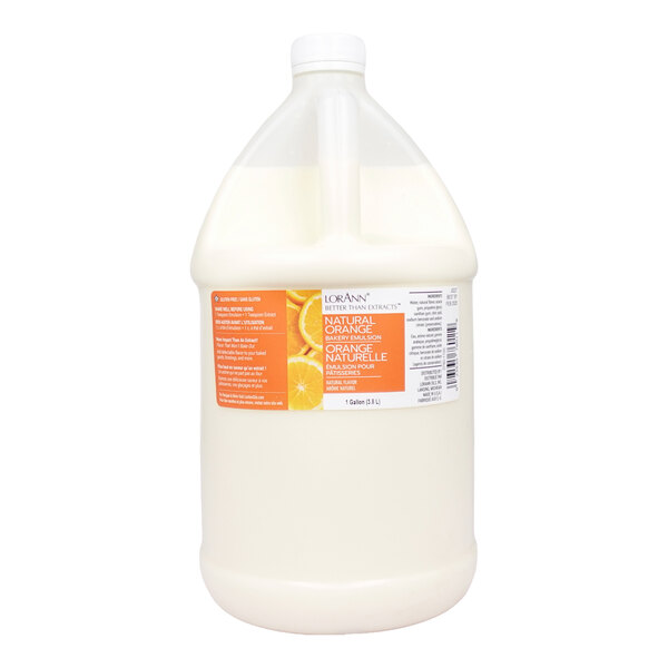 A 1-gallon container of LorAnn Oils all-natural orange bakery emulsion.