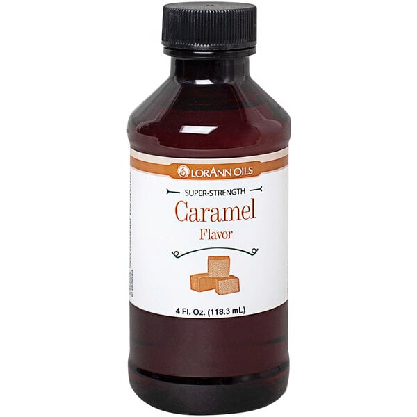 A close-up of a LorAnn Oils 4 fl. oz. bottle of caramel syrup.