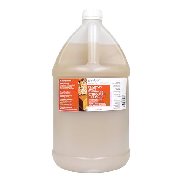 A one-gallon container of LorAnn Oils Pumpkin Spice Bakery Emulsion.