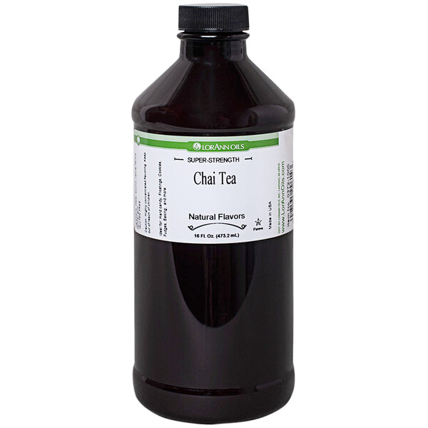 A bottle of LorAnn Oils All-Natural Chai Tea Flavor with a label.