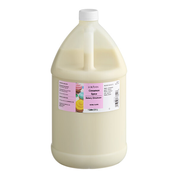 A jug of LorAnn Oils cinnamon spice bakery emulsion with a white label.