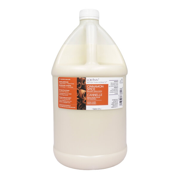 A 1-gallon container of LorAnn Oils Cinnamon Spice Bakery Emulsion.