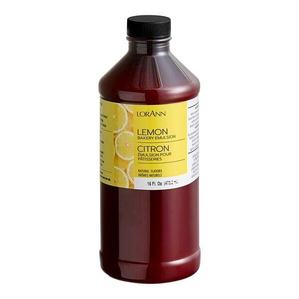 A bottle of LorAnn Oils All-Natural Lemon Bakery Emulsion with a label.