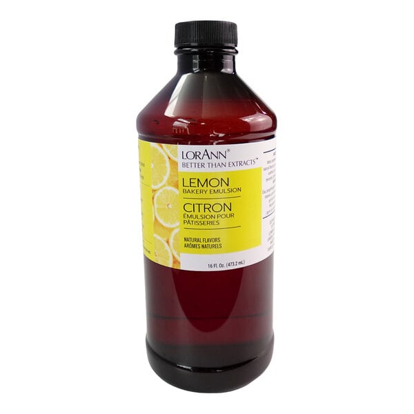 A 16 fl. oz. bottle of LorAnn Oils all-natural lemon bakery emulsion.
