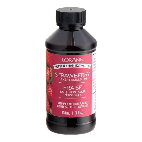 A bottle of LorAnn Oils Strawberry Bakery Emulsion on a white background.