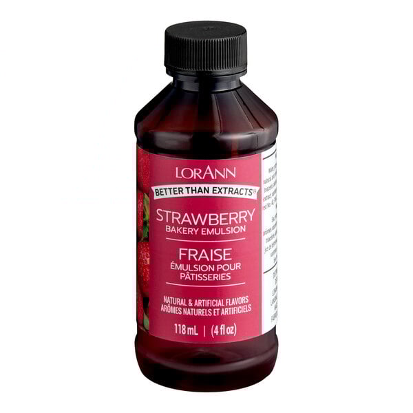 A 4 fl. oz. bottle of LorAnn Oils Strawberry Bakery Emulsion.