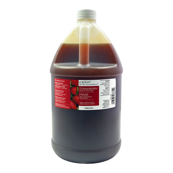 A 1-gallon container of LorAnn Oils Strawberry Bakery Emulsion.