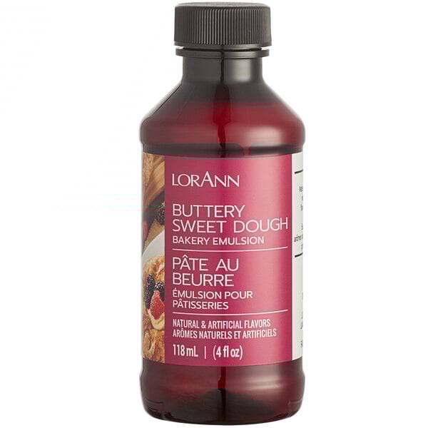 A bottle of LorAnn Buttery Sweet Dough Bakery Emulsion on a counter.