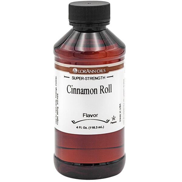 A close-up of a 4 fl. oz. bottle of LorAnn Cinnamon Roll flavoring.