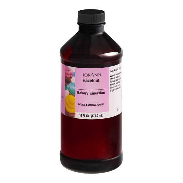 A close-up of a brown LorAnn Oils Hazelnut Bakery Emulsion bottle.