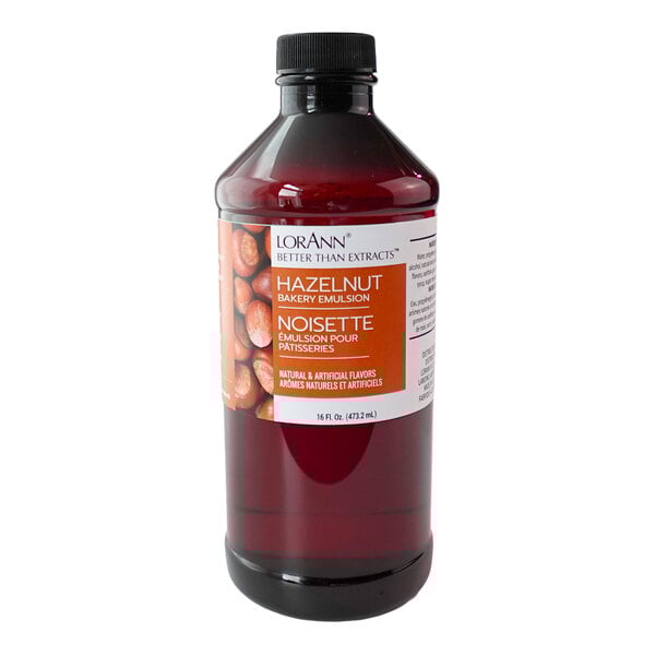 A 16 fl. oz. bottle of LorAnn Oils Hazelnut Bakery Emulsion.
