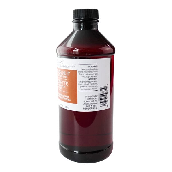 A 16 fl. oz. bottle of LorAnn Oils Hazelnut Bakery Emulsion.
