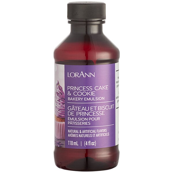 A close up of a bottle of LorAnn Princess Cake and Cookie Bakery Emulsion with a purple label.