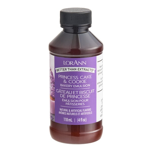 A close up of a bottle of LorAnn Oils Princess Cake and Cookie Bakery Emulsion with a purple label.