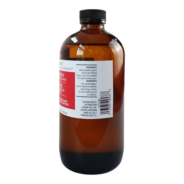A brown glass bottle of LorAnn Oils 16 fl. oz. Cherry Bakery Emulsion with a black screw cap and a white label.