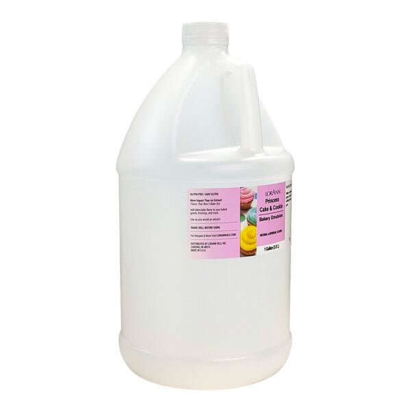 A white jug of LorAnn Oils Princess Cake and Cookie Bakery Emulsion with a pink label.