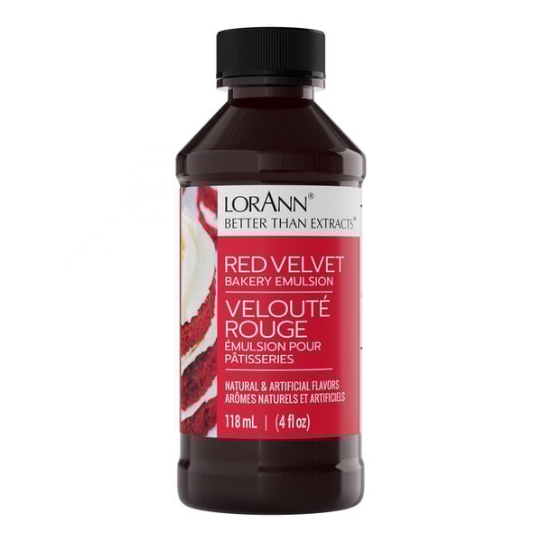A 4 fl. oz. bottle of LorAnn Oils Red Velvet Bakery Emulsion.
