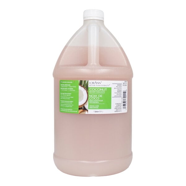 A 1-gallon plastic jug of LorAnn Oils Coconut Bakery Emulsion.